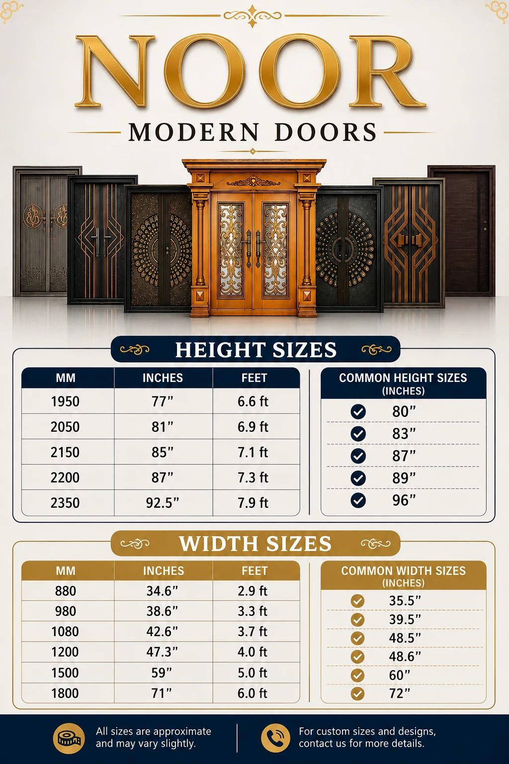 Noor Modern Doors standard height and width size chart, in mm, inches and feet